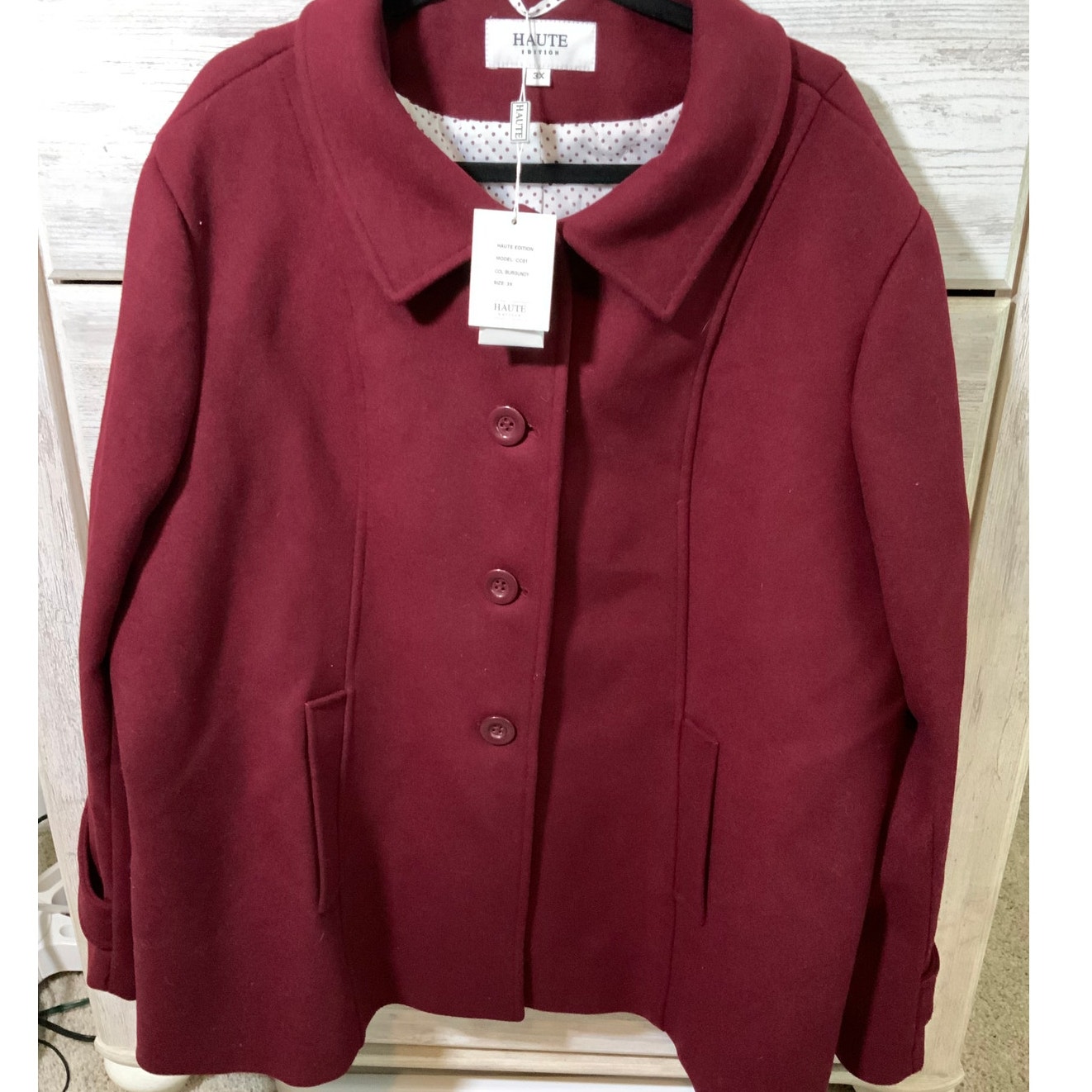 Haute Edition Burgundy Wool Blend Polka Dot Lined Coat - 3x
